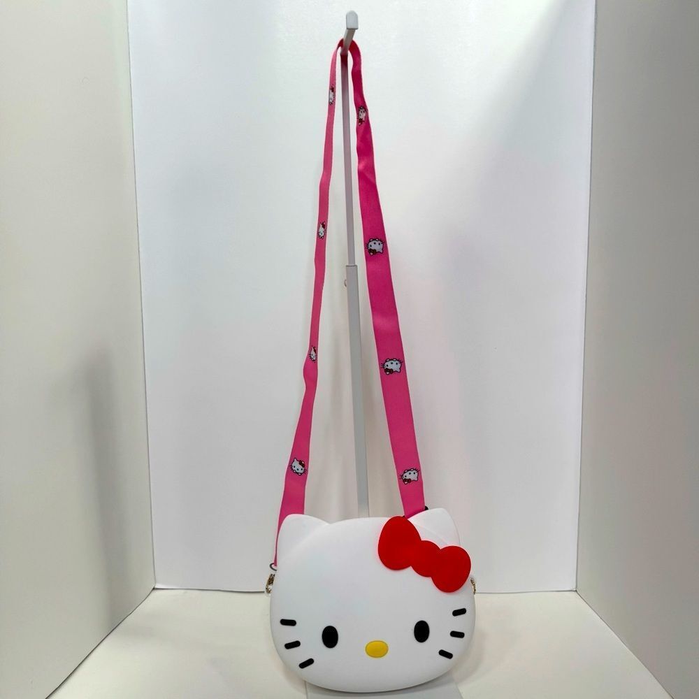 Hello Kitty Face Crossbody Bag Pink Adjustable Strap Y2K Silicone Red Bow Zip